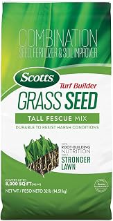 Scotts Turf Builder Grass Seed Tall Fescue Mix, 32 lbs. | Durable to Resist Harsh Conditions, Lawn Seed, Grass Fertilizer & Soil Improver, Covers up to 8,000 sq. ft.