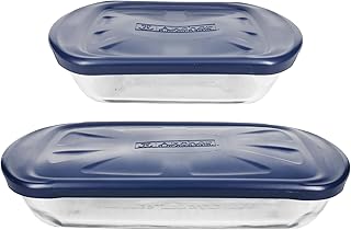 Anchor Hocking 4-Piece Baking Dish Set with Blue Lids | Tempered Tough Glass | Includes 2-Qt And 3-Qt Rectangular Vessels | Flexible Replacement Covers | Top-Rack Dishwasher Safe