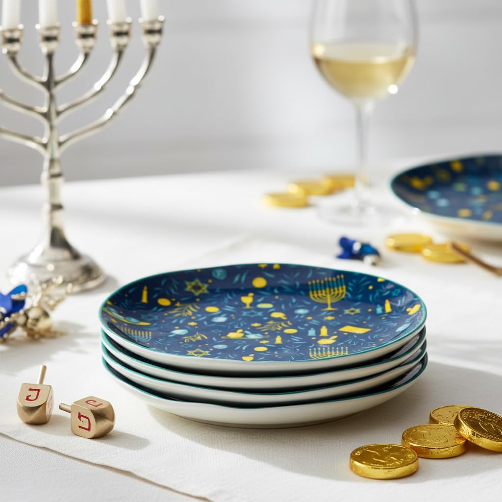 Bella Holiday Appetizer Plates (Driedels & Lights) by 10 Strawberry Street – 6", Ceramic, Driedels & Lights, Pack of 4, Model S4-BELLA-APP-XMAS