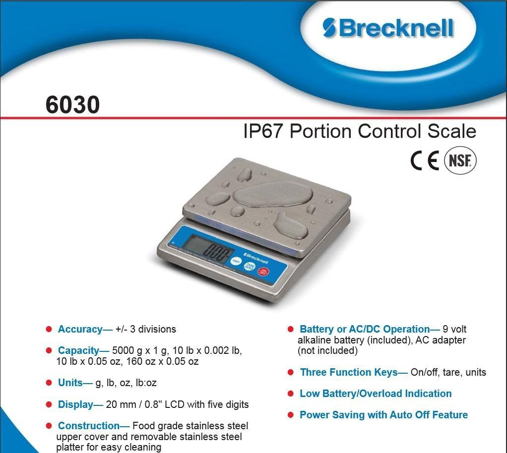 Model Washdown IP67 Stainless Portion Control Scale 5000g x 1g / 10lbs x .002lbs NSF Certified by Brecknell – 7.75"L x 6.63"W x 2"H, Plastic, Silver, Model 6030