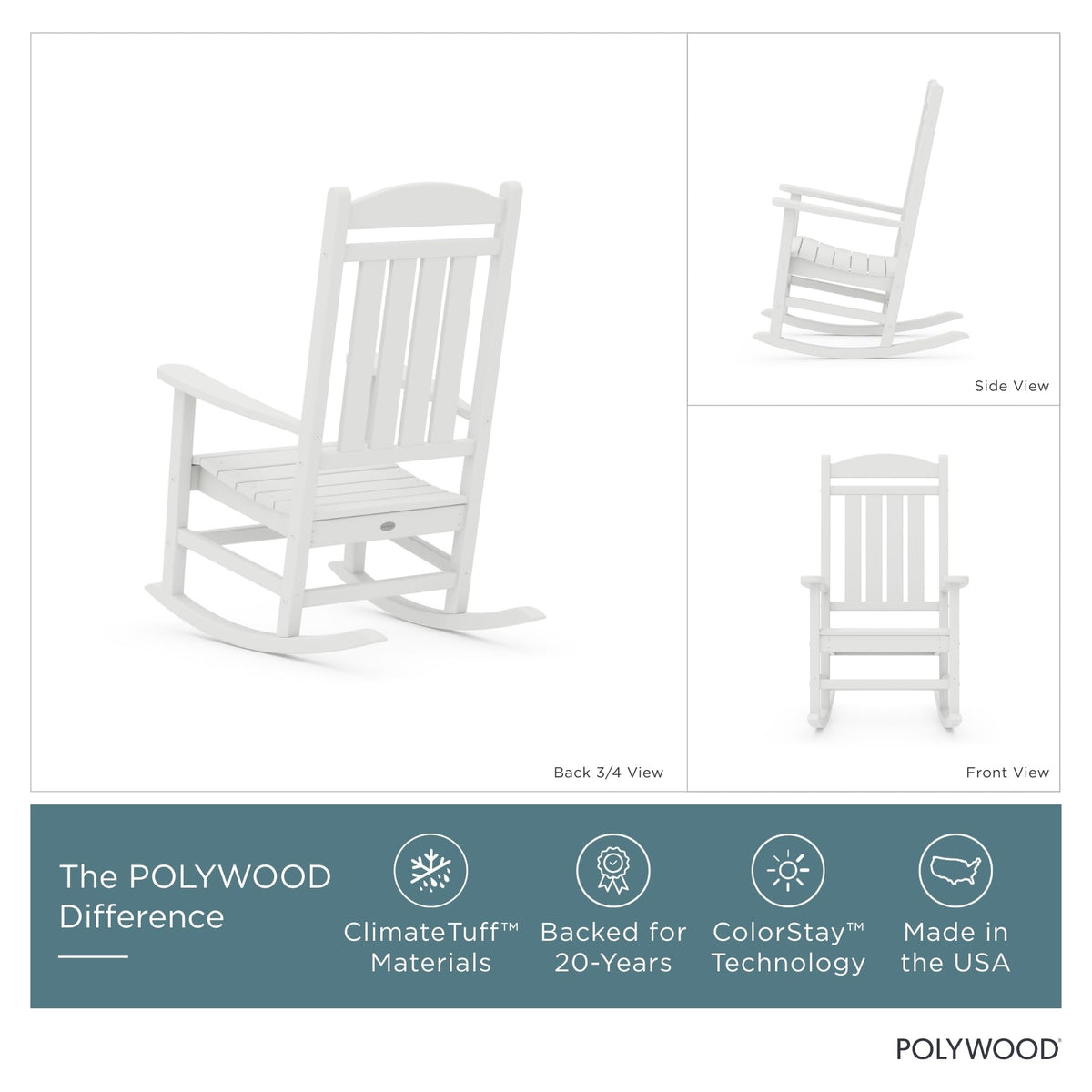 Presidential Rocking Chair in White by Polywood – Oversized, Plastic, White, Model R100WH