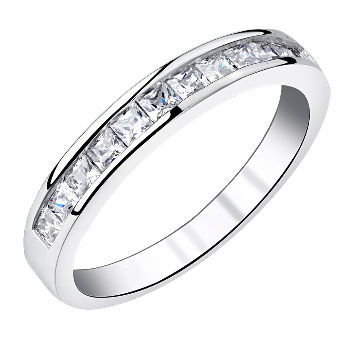 Princess Wedding Bands for Women Channel Half Eternity by Newshe Jewellery – 9, Gemstone, Princess Cut Cubic Zirconia, Model BR0757_BAND_9-JP