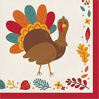Creative Converting Thanksgiving Turkey Napkins, 6.5" x 6.5", Burgundy, Orange, Green, and Ivory