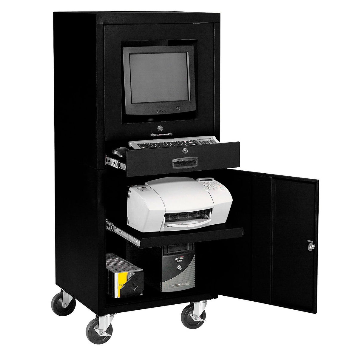Mobile Security Computer Cabinet by Global Industrial – 24.5"W x 22.5"D x 60.38"H, Alloy Steel, Black, Model 706669BK