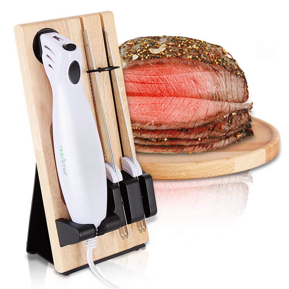 NutriChef Electric Carving Knife Set, Stainless Steel Blades, White with Wood Stand