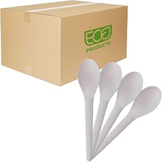 Eco-Products Compostable CPLA 6" Plastic Spoons, Case of 1000, Disposable White Spoon, Plantware Cutlery, Renewable Material Made from Plants, Sturdy and Strong, BPI-Certified