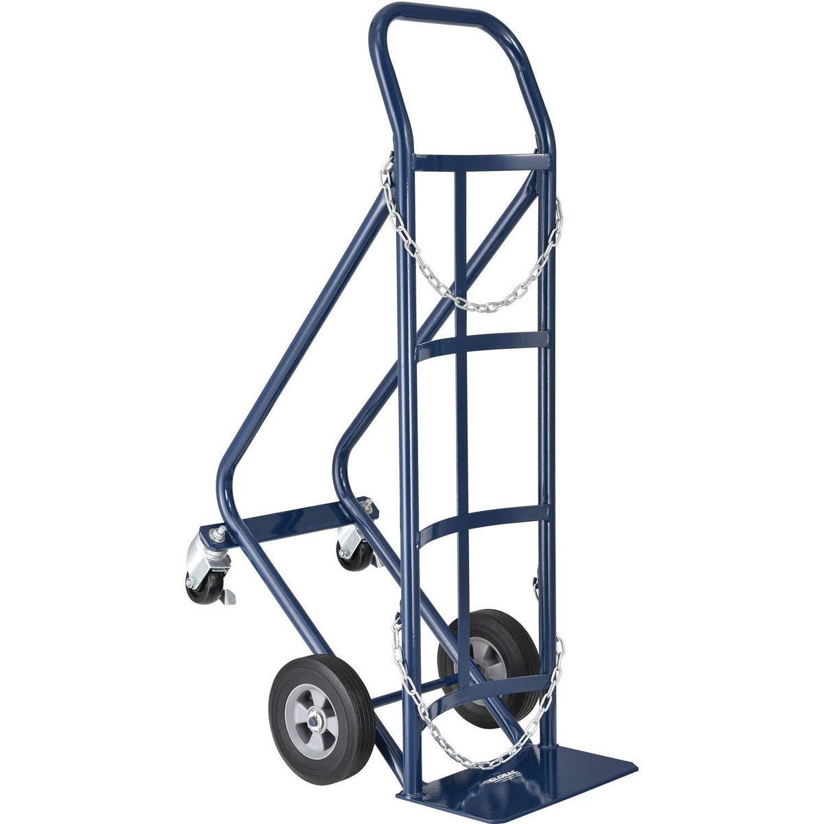 Tilt Back Cylinder Hand Truck with Curved Handle by Global Industrial – 17"L x 20"W x 47"H, Steel, Blue, Model QGR001TB
