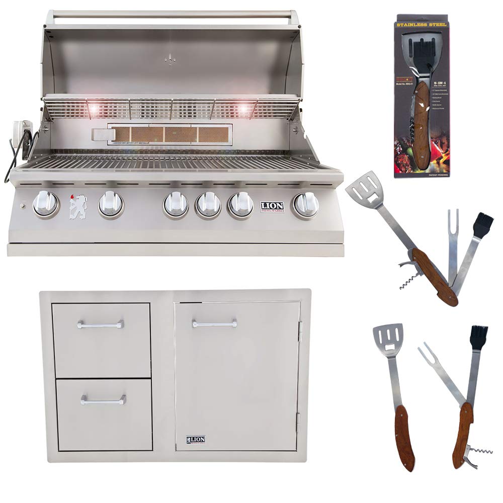 40 Inch 5-Burner Propane Grill L90000 and Door and Drawer Combo with Towel Rack with 5 in 1 Tool Set Package Deal by Lion Premium Grills – Stainless Steel, Model bbq