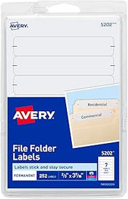 Avery File Folder Labels on 4" x 6" Sheets, Easy Peel®, White, Print & Handwrite, 2/3" x 3-7/16", 252 Labels (5202)