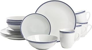 10 Strawberry Street Café Stripe 16 Piece Coupe Dinnerware Set, Blue