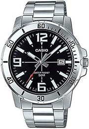 Casio MTP-VD01D-1BV Men's Enticer Stainless Steel Black Dial Casual Analog Sporty Watch, Silver, 48×42×10.7mm, Quartz Movement