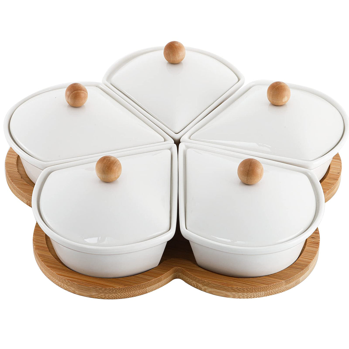 Yarlung Ceramic Divided Serving Set with Lids, 5 Removable Bowls on 10-Inch Bamboo Platter, Brown White