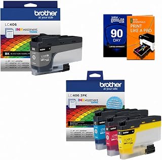 Brother Genuine LC406BK Black & LC4063PK Color 3-Pack (CMY) Ink Cartridges for MFC-J4335DW, MFC-J4345DW XL, MFC-J4535DW, MFC-J5855DW, MFC-J5955DW, Bundle with Deco Essentials Printer eBook