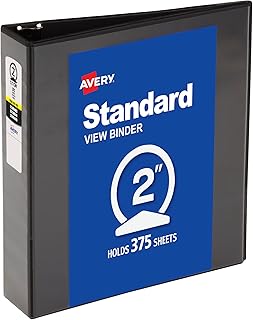 Avery Standard View 3 Ring Binder, 2" Round Rings, 1 Black Binder