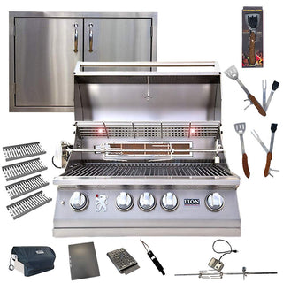 32-Inch Natural Gas Grill L75000 w/ 4 Ceramic Tubes w/ Flame Tray and Made in USA 32" Double Access Door and 5 in 1 Tool Set Best of Backyard Gourmet Package Deal by Lion Premium