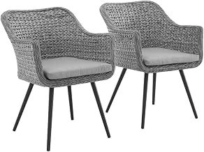 Gray Outdoor Patio Wicker Rattan Dining Armchair Set of 2, Durable Frame, Cushioned Comfortable Garden Backyard Deck Seating