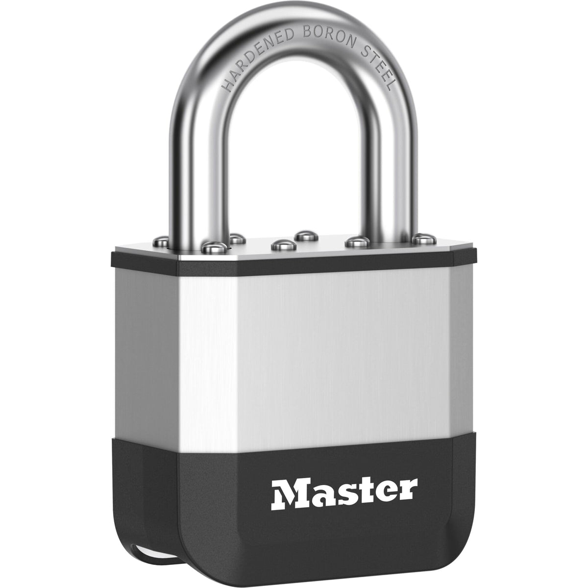 Elite™ 52mm Laminated Padlock by Master Lock – Laminated Steel Boron Steel Aluminium Rubber Nickel, Gray, Model PK5EURD