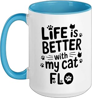 Cat Name Flo Life Is Better With My Cat Flo Ceramic Mug, Blue/White, 15oz