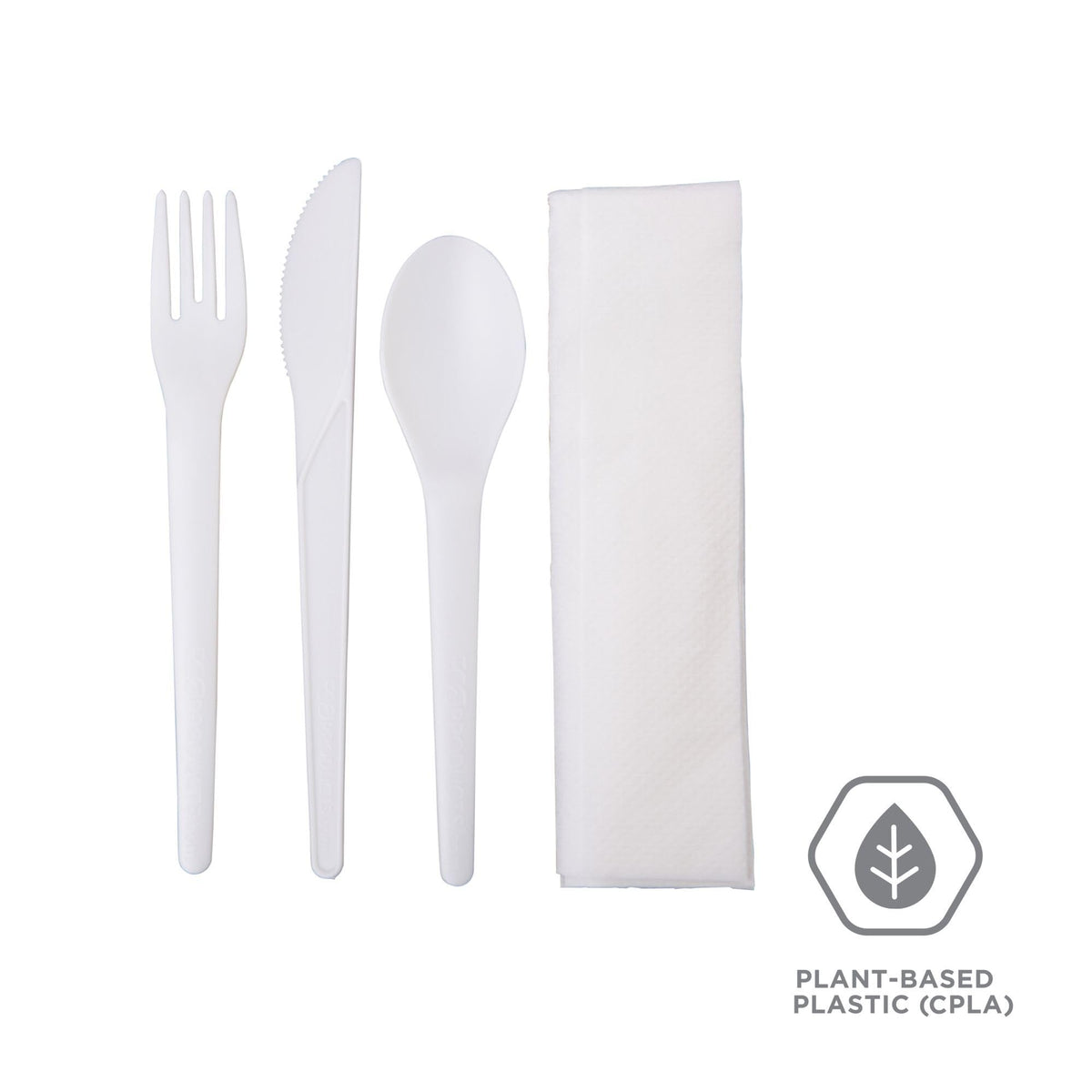 Eco-Products Compostable CPLA 6" Plastic Utensil Set – Wrapped Plantware Cutlery, Case of 250, White Disposable Knife, Fork, Spoon, and Napkin, Renewable Material Made from Plants, Sturdy and Strong