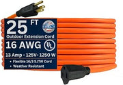 Three Conductor Grounded Orange Cord - 125V 16/3 x 25ft