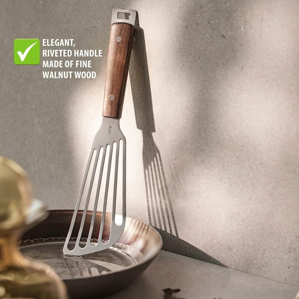 Madero Spatula Flat Kitchen Turner with Stainless Steel Surface and Walnut Wood Handle Flexible by GEFU – Stainless Steel, Brown, Model 15509
