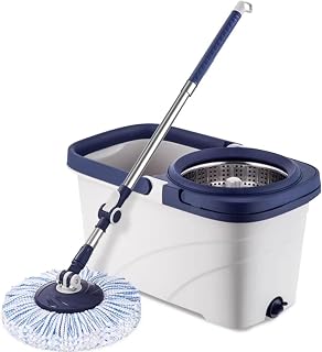 This Spin Mop Bucket with Wringer Set for Home - Mop Bucket System for Floor Cleaning - Detachable Splash Guard Spin Basket - Extendable Telescopic Handle - Extra 5PC Mop Heads,Blue