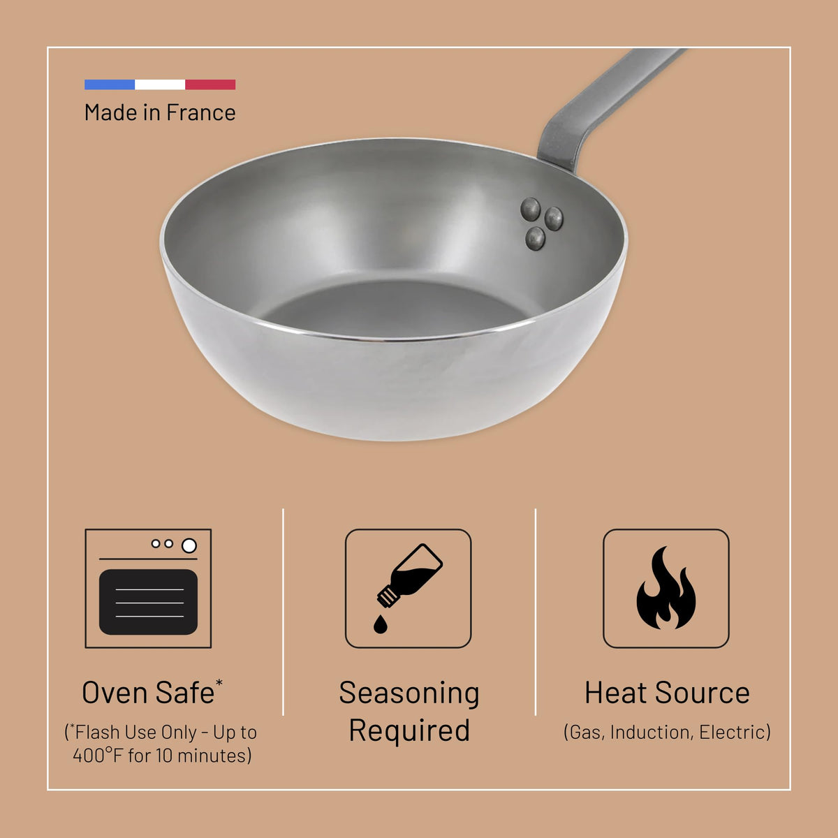MINERAL B Carbon Steel Country Fry Pan - 11” Diameter by de Buyer – 11", 2.75 liters, Carbon Steel, Gray, Model 561428