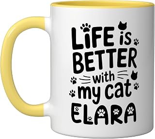 Cat Name Elara Life Is Better With My Cat Elara Ceramic Mug, Yellow/White, 11oz