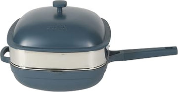 Crock-Pot Northvale 5.3 Quart Ceramic Nonstick Sauté Pan with Steamer Basket & Lid, Cast Aluminum Pan with Induction Base and Soft-Touch Handle, Matte Blue