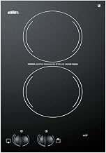 Summit Appliance CR2220 2-burner Cooktop, Black Ceramic Glass, 230V, 2 Heating Elements, Push-to-turn Knobs, Residual Heat Indicator Light