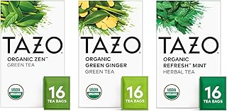 TAZO Tea Bags, Regenerative Organic: Refresh Mint Herbal Tea, Zen Green Tea, & Green Ginger Tea 16 CT (1ea) (Variety Pack)
