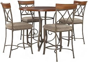 Furnifact Diamond-Patterned Steel Dining Furniture 5 Piece Set, Pub Table Set Kitchen Table and Chairs for Breakfast Nook, Cherry