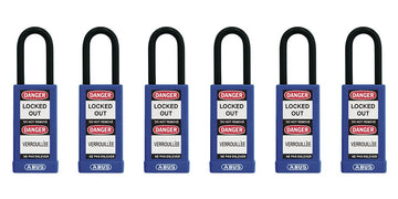 74/40 Safety Padlock Blue Keyed Different - Long Body - 6 Pack by ABUS – Body width: 1 37/64" Shackle diameter: 9/32" Shackle clearance: 1/2", Aluminum, Blue, Model 19659