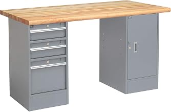 Global Industrial Pedestal Workbench, 3 Drawers & 1 Cabinet, Gray Pedestal
