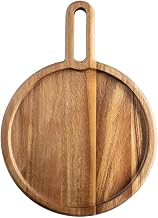 TableCraft 11525 Acacia Collection Snack Tray, 13-3/4" x 10" x 3/4" Overall, Round, with Handle, Wood