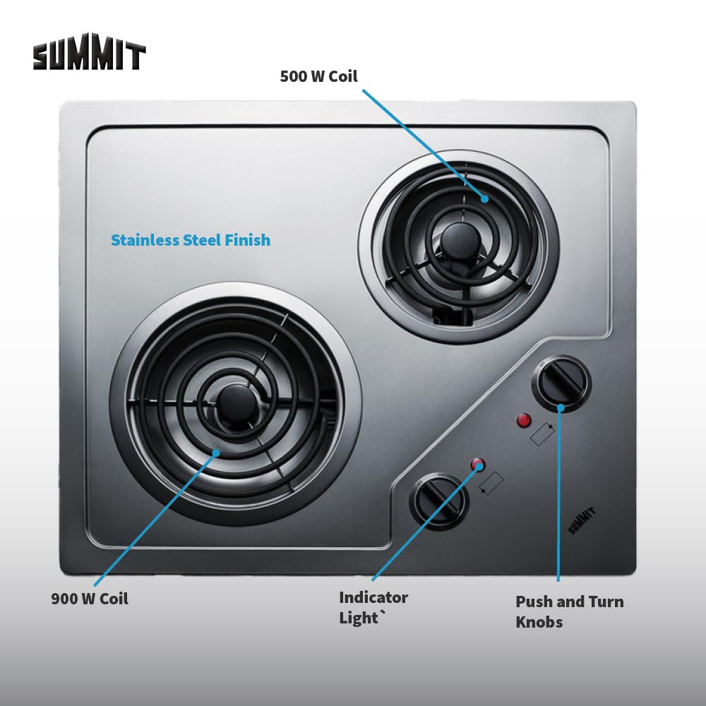 Summit 21" 2 Burner Electric Cooktop. 115 Volt Coil Electric Cooktop by SUMMIT APPLIANCE – 115-120V, Stainless Steel, Model CR2B122