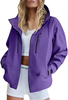 Lightweight Rain Jacket for Women Hooded Packable Windproof Casual Coats | Lang Sleeve Coat with Zipper Pockets Solid Color for Camping Holiday Going Out Traveling Rain Jacket