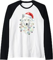 White Wolf Christmas Lights Festive Xmas Arctic Animal Raglan Baseball Tee