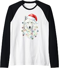 White Wolf Christmas Lights Festive Xmas Arctic Animal Raglan Baseball Tee
