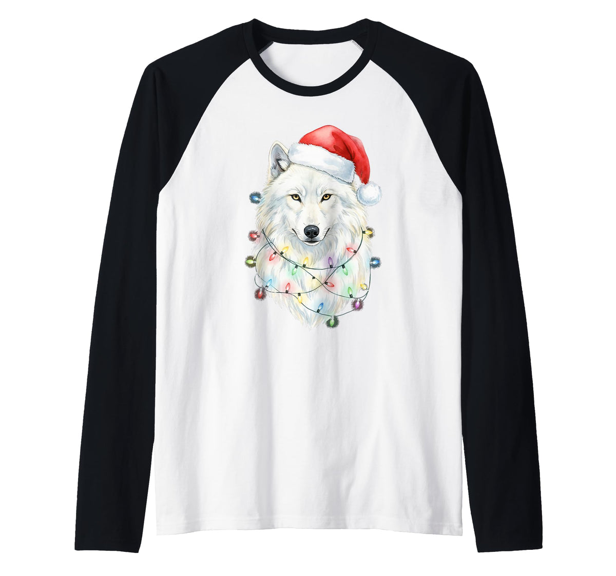 White Wolf Christmas Lights Festive Xmas Arctic Animal Raglan Baseball Tee by White Wolf - Christmas Apparel & Gifts – Black, Model P8AWX24XFJ9