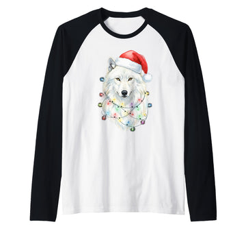 White Wolf Christmas Lights Festive Xmas Arctic Animal Raglan Baseball Tee by White Wolf - Christmas Apparel & Gifts – Black, Model P8AWX24XFJ9