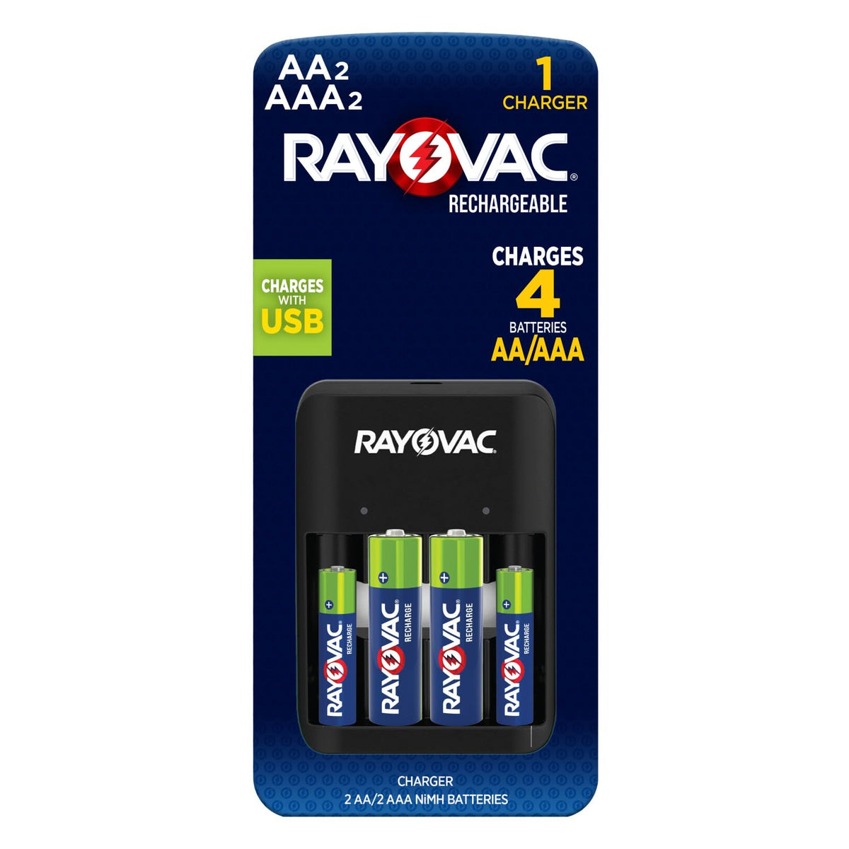 4 Position AA/AAA Charger w/ Batteries by Rayovac – 1 Count, Multicolor, Model PS1344BGEN