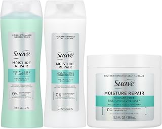 Suave Moisture Repair Sulfate-Free Shampoo & Conditioner Set + Deep Moisture Mask – Lightweight, Hydrating Hair Treatment for Dry, Damaged Hair