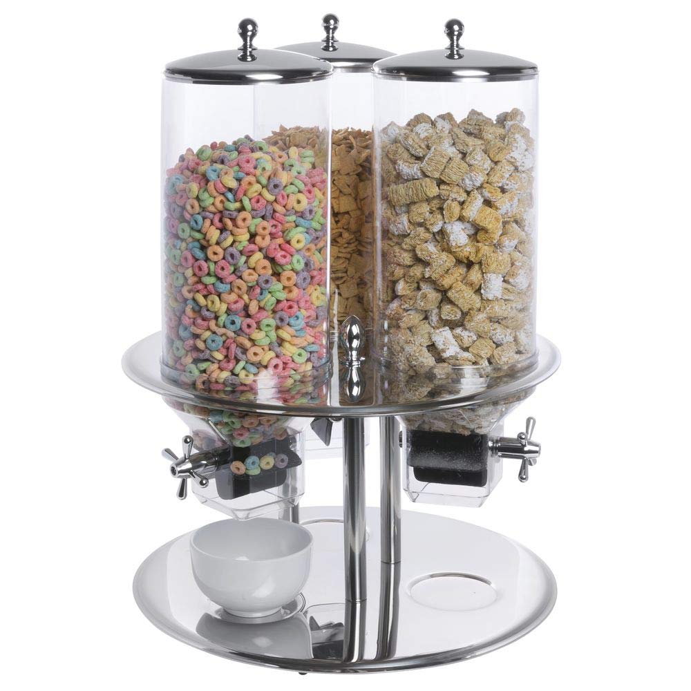 Cereal Dispenser for 3 Kinds of Cereal Stainless Steel - 19 1/3 Dia x 26 1/5 H by HUBERT – Large, 8.7 gallons, Stainless Steel, Silver with Transparent Containers, Model 10306
