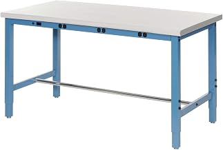 Global Industrial 72" W x 30" D Adjustable Height Workbench, Power Apron, 1-1/4" Thick ESD Laminate Safety Edge, Blue