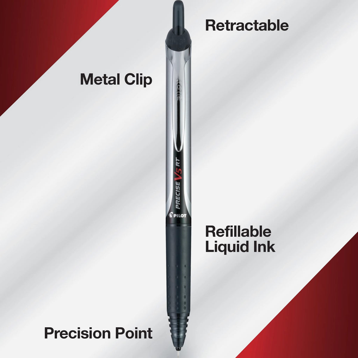 Precise V5 RT Retractable Rollerball Pens by PILOT – 2 Count (Pack of 1), Metal, Red, Model 26082
