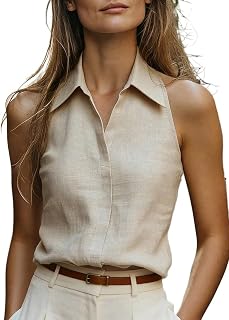 Womens Casual Fashion Blouse Sleeveless Linen-Like Collared Casual Office Shirt