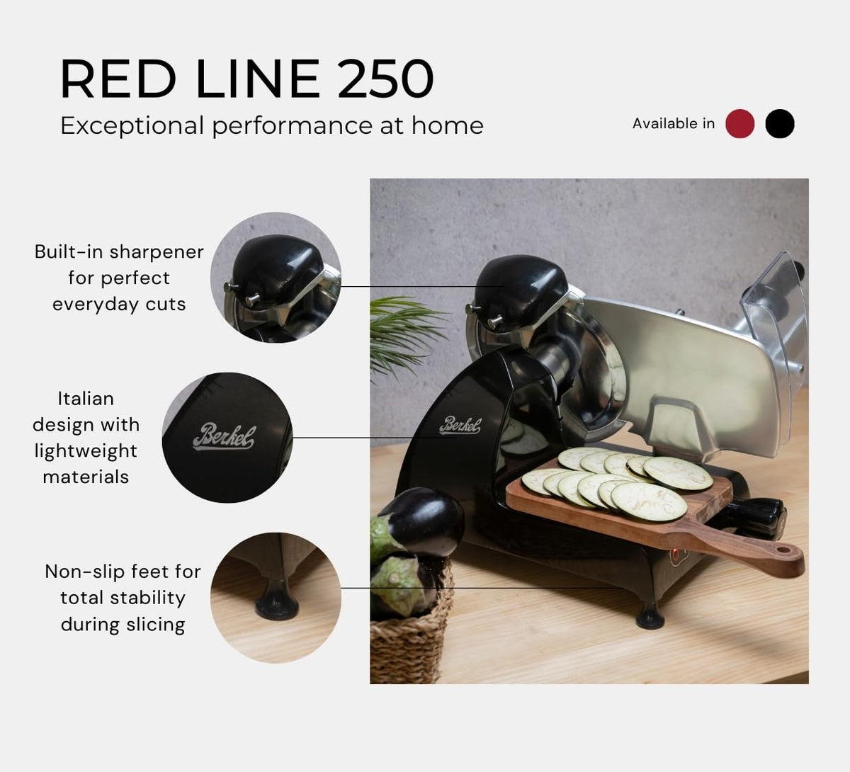 Red Line 250 Electric Slicer by Berkel – Red Line 250, 10" Blade, 7.0 cubic_inches, Aluminum Alloy Steel, Black, Model 624416-RSEGM0U00000N
