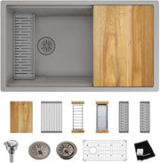 Elkay ELXRU13322W Quartz Luxe 33" Undermount Single Basin Quartz Composite Workstation Kitchen Sink with Basin Rack, Colander and Cutting Board - Silvermist