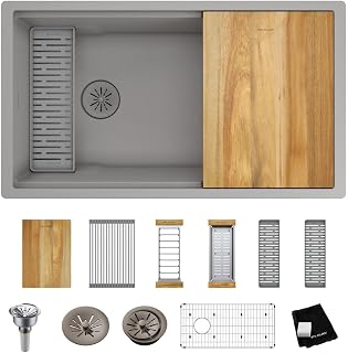 Elkay ELXRU13322W Quartz Luxe 33" Undermount Single Basin Quartz Composite Workstation Kitchen Sink with Basin Rack, Colander and Cutting Board - Silvermist